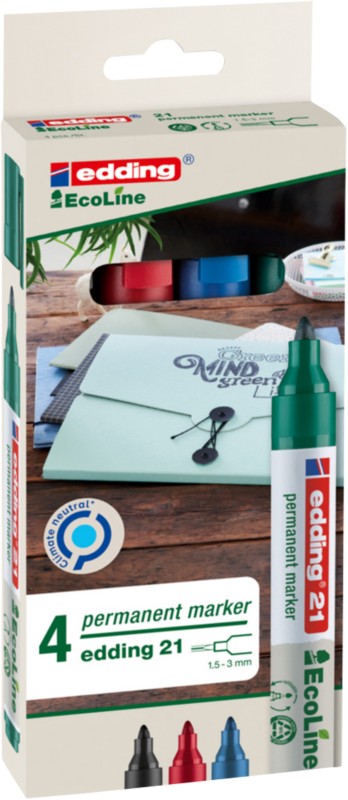 Marqueur permanent edding EcoLine 21 Moyenne Pointe Ogive Assortiment 4 Unités