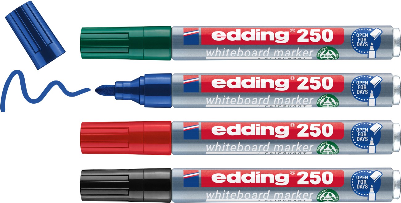 Thumbnail - edding 250 Non-permanent Whiteboard-Marker Farbig sortiert Mittel Rundspitze 1,5 - 3 mm 100% Recycelt 4 Stück