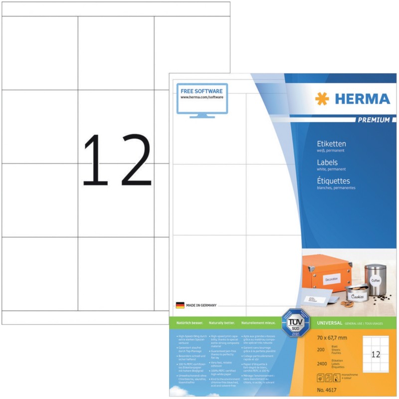 Thumbnail - HERMA Universaletiketten 4617 Weiß DIN A4 70 x 67,7 mm 200 Blatt à 12 Etiketten