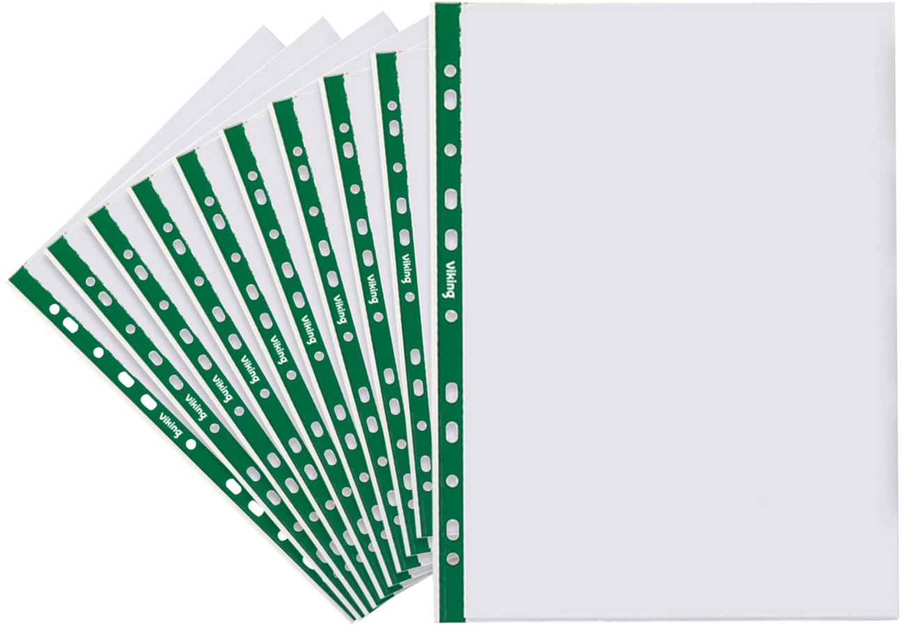 Image of Viking Punched Pockets A4 Clear Transparent 60 microns PP (Polypropylene) Pack of 100 Top Opening 11 Holes