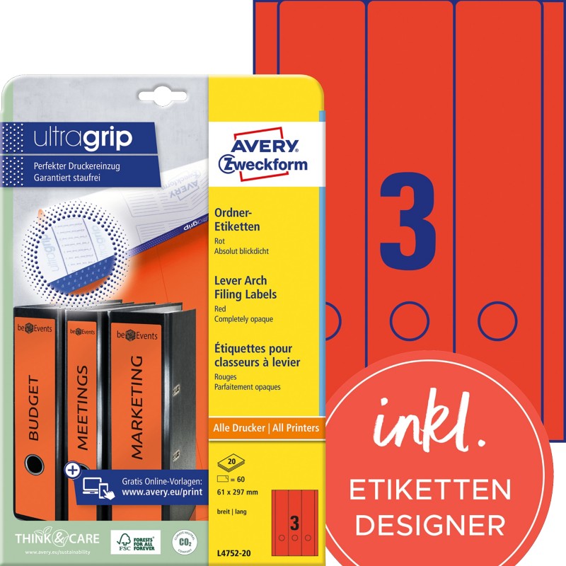 Thumbnail - AVERY Zweckform ultragrip Ordneretiketten L4752-20 Selbsthaftend DIN A4 Rot 6,1 x 29,7 cm 20 Blatt à 3 Etiketten