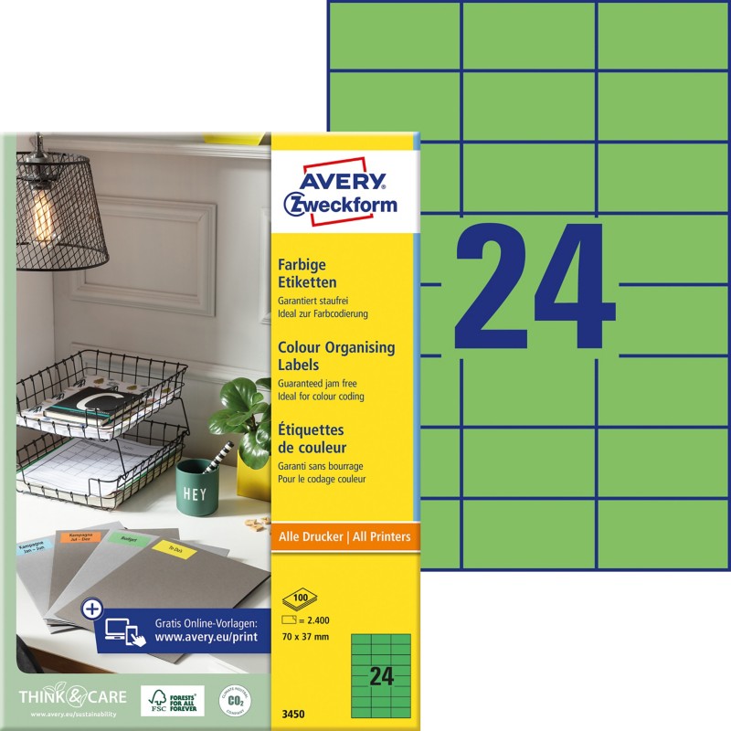 AVERY Zweckform Etiketten 3450 Selbsthaftend DIN A4 Grün 70 x 37 mm 100 Blatt à 24 Etiketten