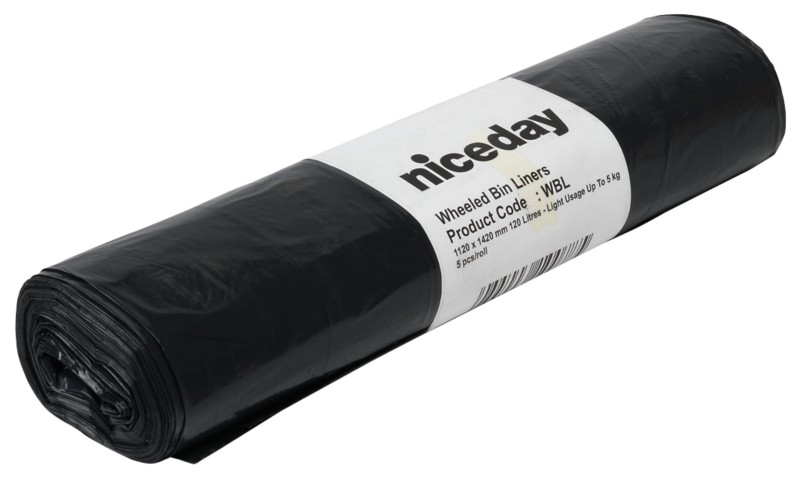 Light-duty wheelie bin liner refuse sacks black 1143 x 594 mm (h x w) 120 L pack of 5