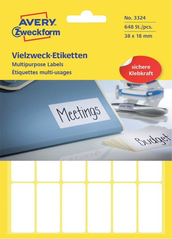 AVERY Zweckform 3324 Universaletiketten Weiß 38 x 18 mm 27 Blatt à 24 Etiketten