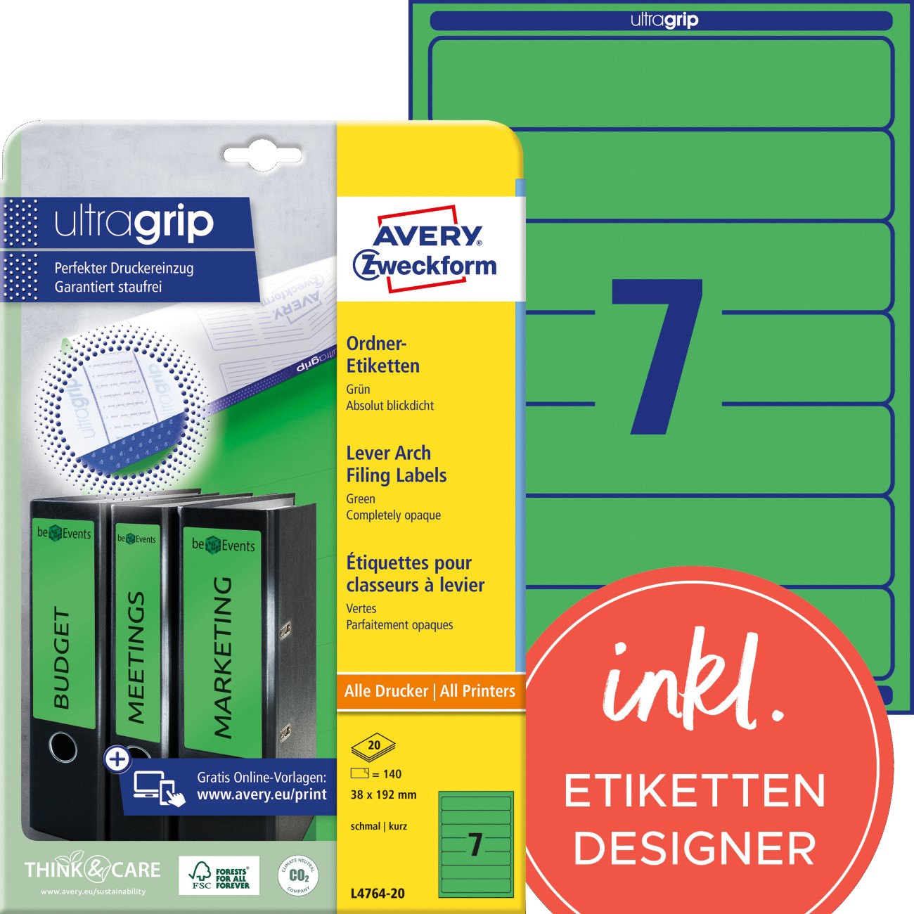 AVERY Zweckform Ordneretiketten L4764-20 Ultragrip Grün DIN A4 38 x 192 mm 20 Blatt à 7 Etiketten