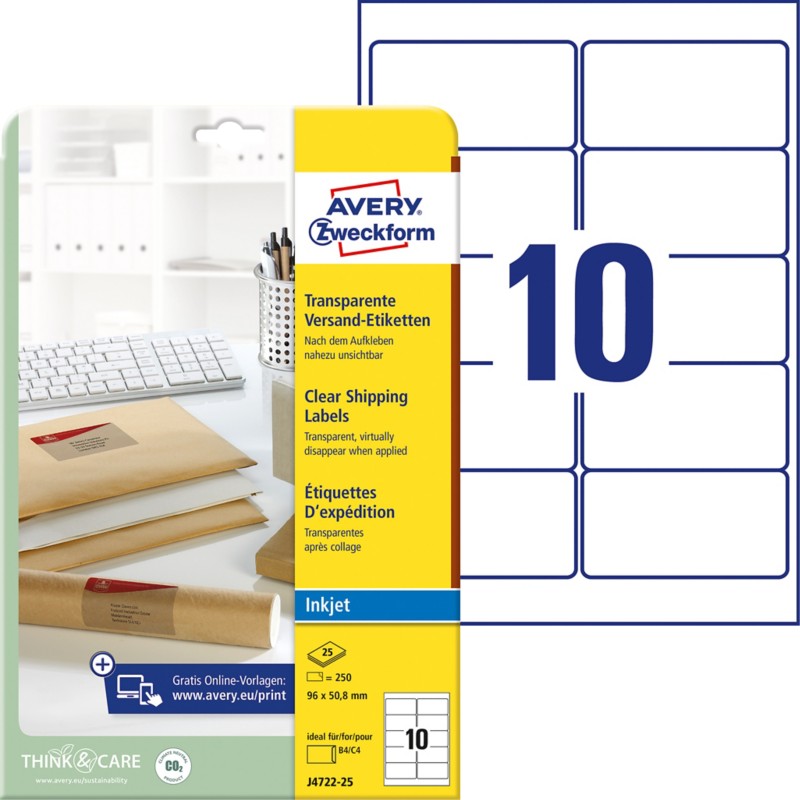 AVERY Zweckform Abziehhilfe QuickPEEL Versandetiketten J4722-25 Selbsthaftend DIN A4 Transparent 96 x 50,8 mm 25 Blatt à...