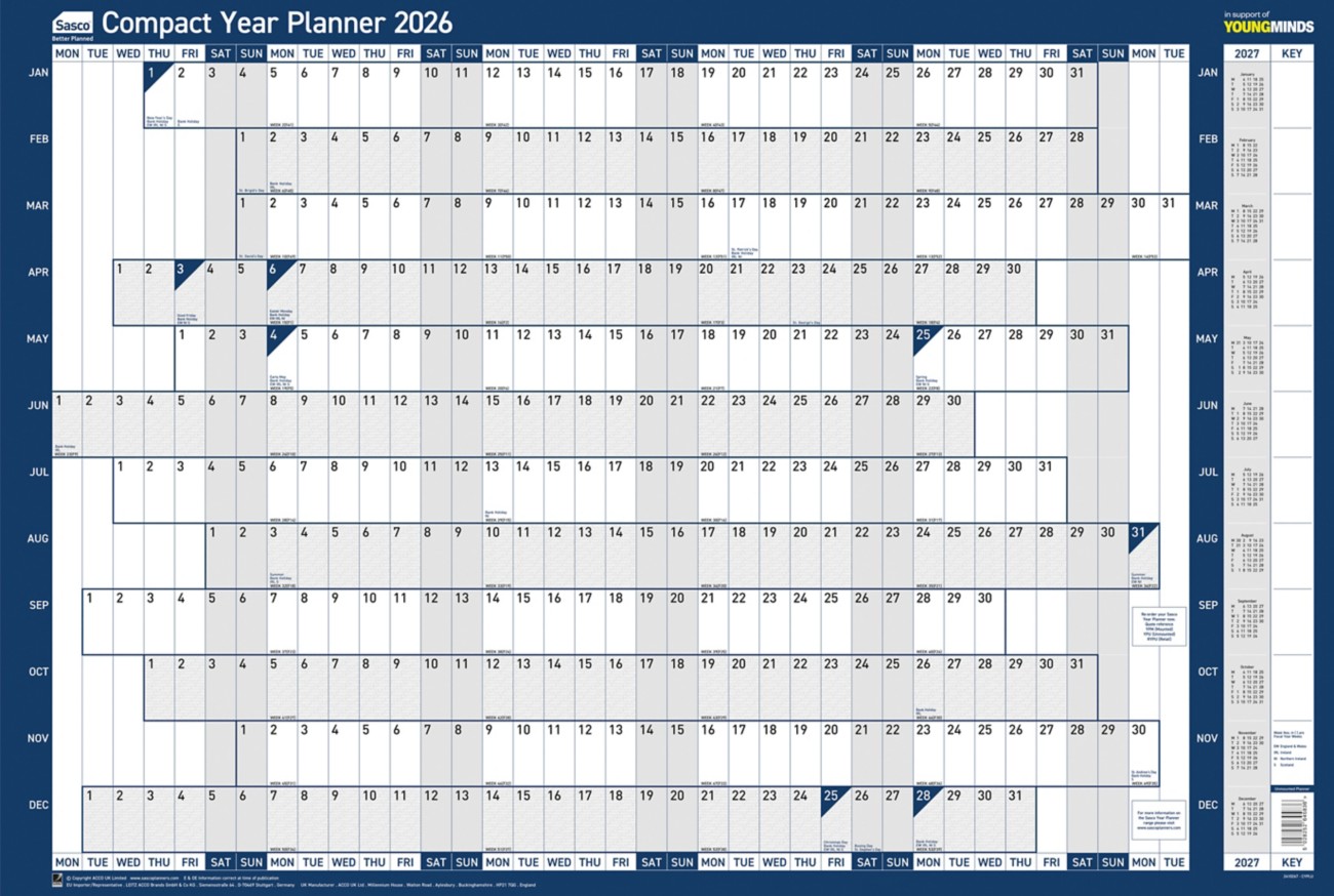 Sasco Compact Year Planner 2027 English 61 (W) X 40.5 (H) Cm Blue