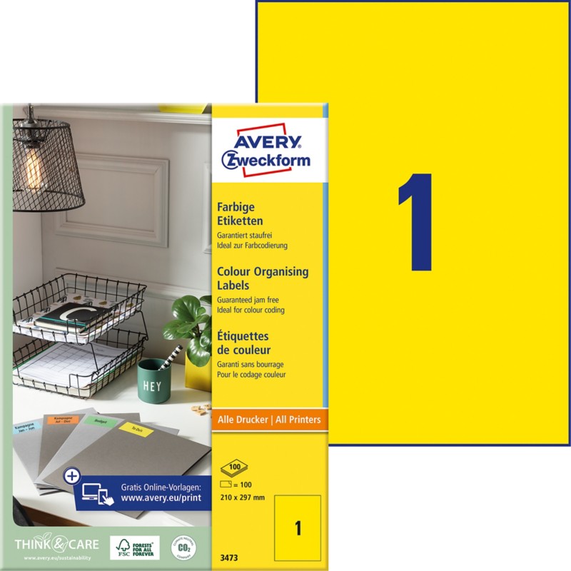 AVERY Zweckform Etiketten 3473 Selbsthaftend DIN A4 Gelb 210 x 297 mm 100 Blatt à 1 Etiketten