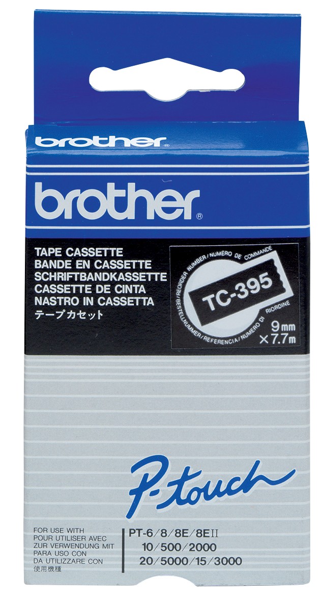 Brother TC Schriftband TC-395 Weiß auf Schwarz 9 mm x 7,7 m