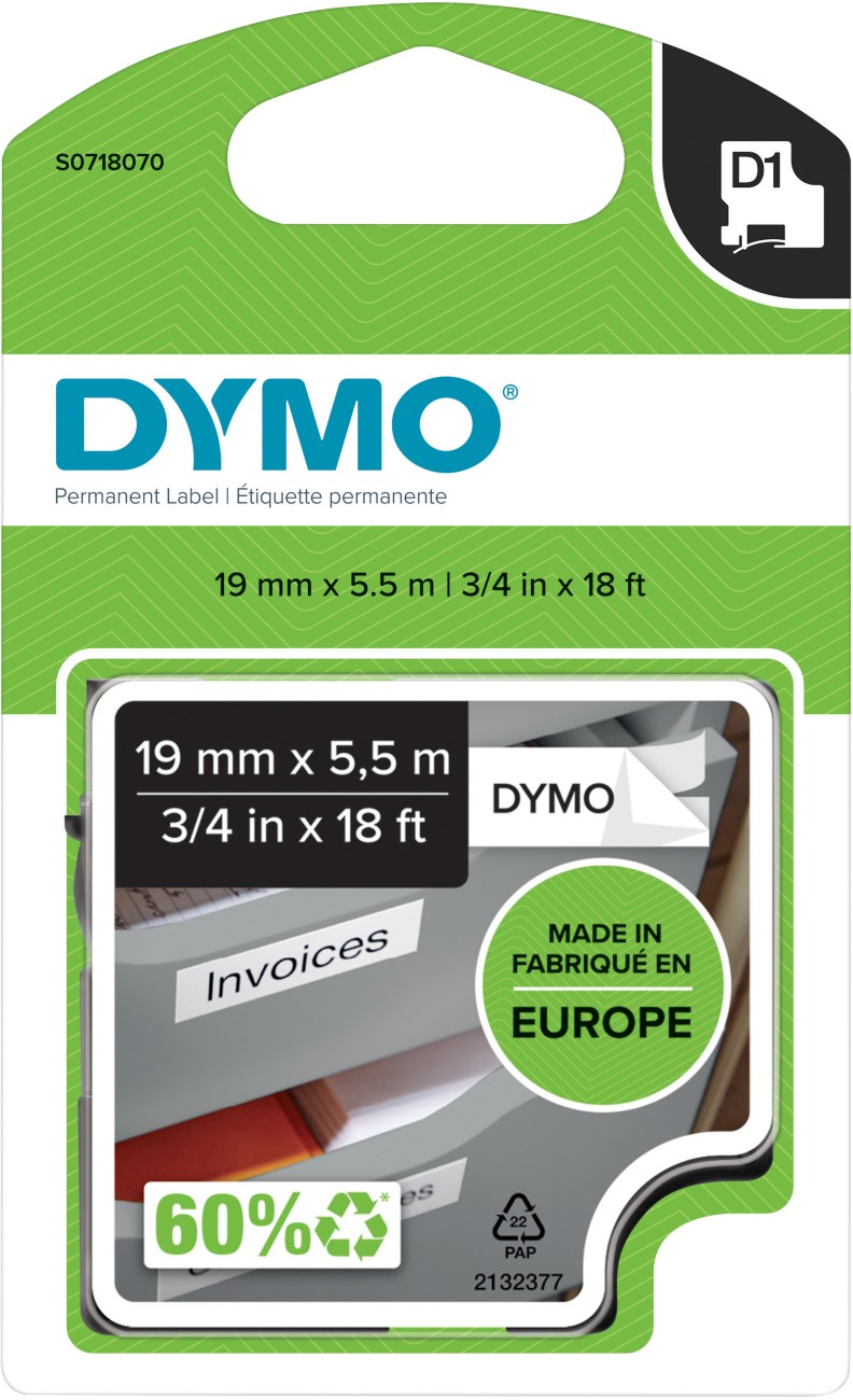 Thumbnail - Dymo D1 S0718070 / 16960 Authentic Polyester Schriftband Selbstklebend Schwarzer Druck auf Weiß 19 mm x 5.5m