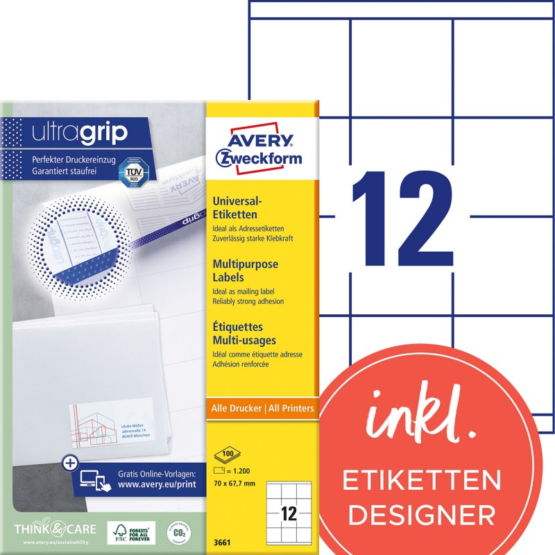 AVERY Zweckform ultragrip Universaletiketten 3661 Selbsthaftend DIN A4 Weiß 70 x 67,7 mm 100 Blatt à 12 Etiketten