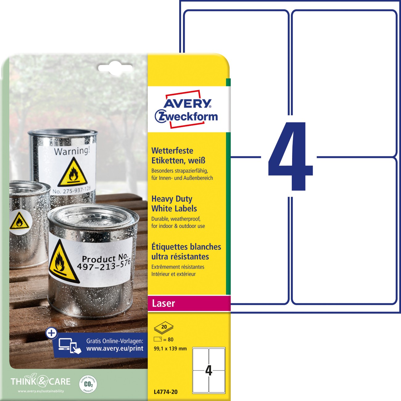 AVERY Zweckform Wetterfeste Etiketten L4774-20 Weiß DIN A4 99,1 x 139 mm 20 Blatt à 4 Etiketten