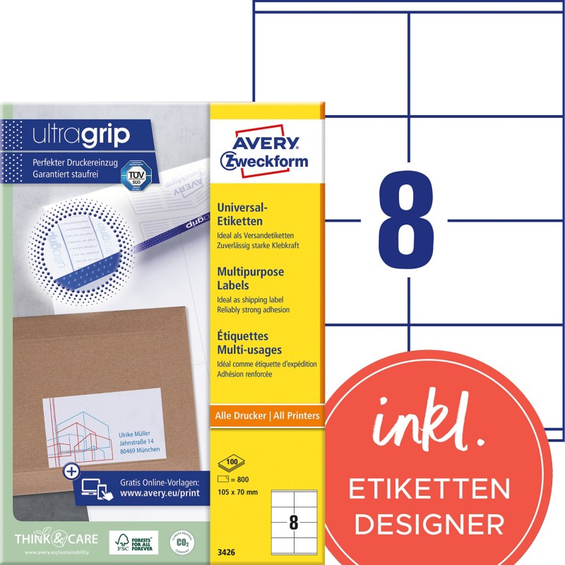 Thumbnail - AVERY Zweckform ultragrip Universaletiketten 3426 Selbsthaftend DIN A4 Weiß 105 x 70 mm 100 Blatt à 8 Etiketten