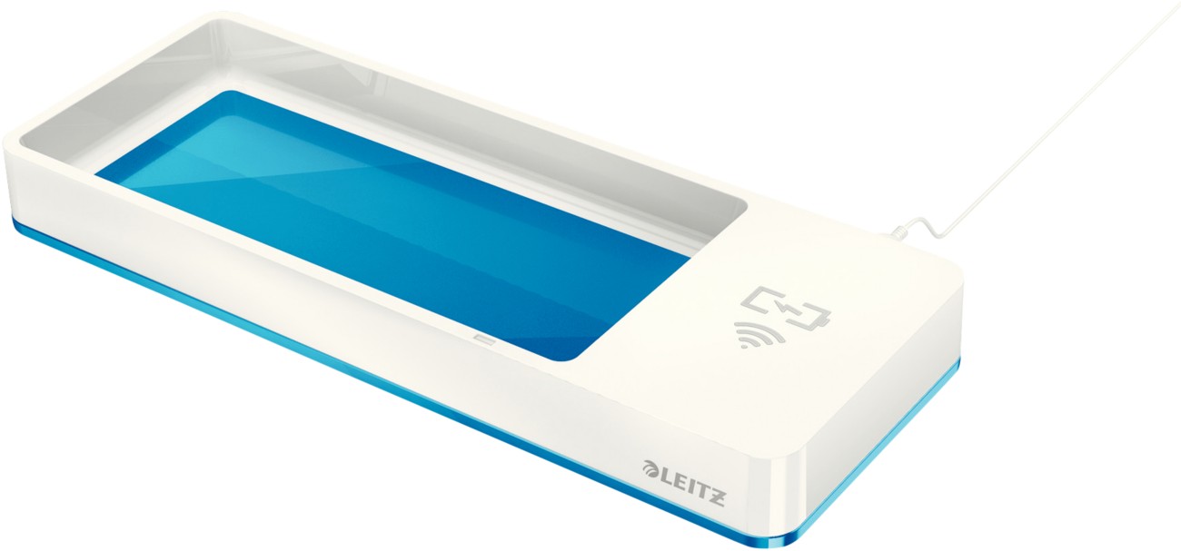 Leitz WOW Schreibtisch-Organizer Duo Colour mit Qi Induktionsladegerät Weiß, Blau 26,6 x 10,1 x 2,8 cm