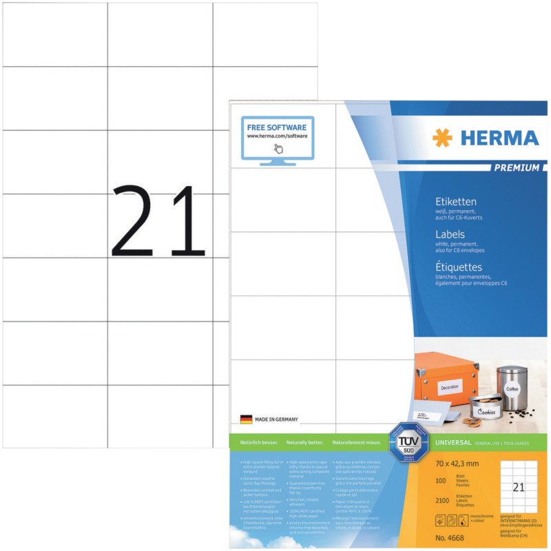 HERMA Universaletiketten 4668 Weiß DIN A4 70 x 42,3 mm 100 Blatt à 21 Etiketten