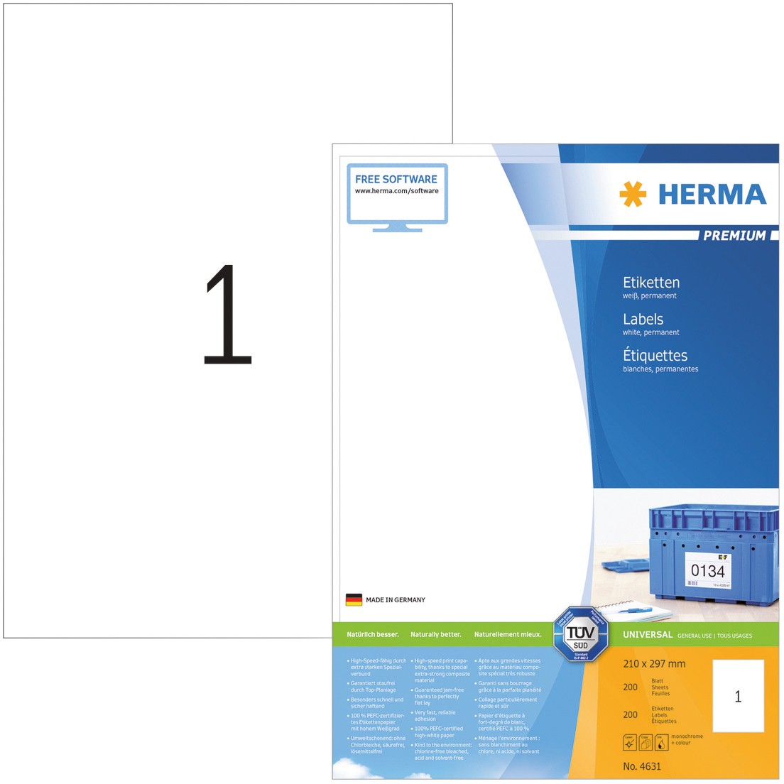 Thumbnail - HERMA Universaletiketten 4631 Weiß DIN A4 210 x 297 mm 200 Blatt à 1 Etiketten