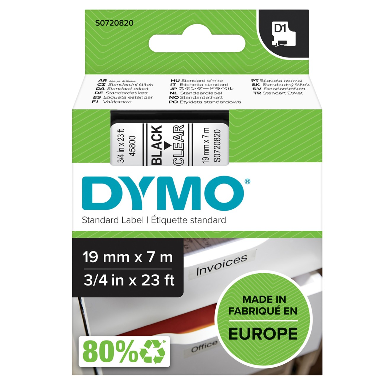 Thumbnail - Dymo D1 S0720820 / 45800 Authentic Schriftband Selbstklebend Schwarzer Druck auf Transparent 19 mm x 7m