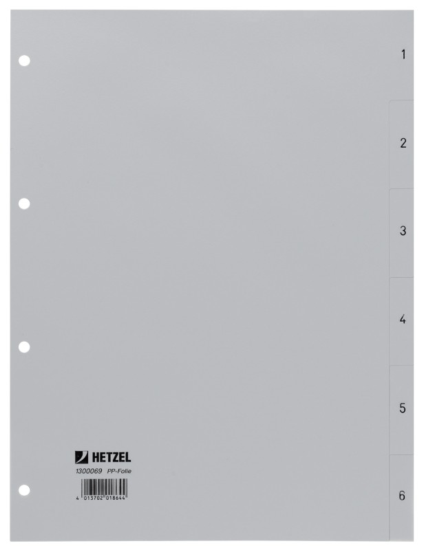 Hetzel Register 1300069 DIN A4 Grau 6-teilig Perforiert Kunststoff 1 bis 6