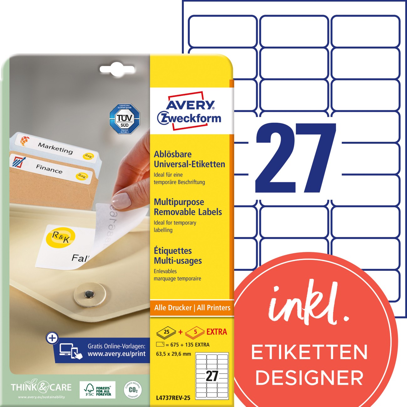 AVERY Zweckform Wiederablösbare Etiketten L4737REV-25 Weiß 63,5 x 29,6 mm 30 Blatt à 27 Etiketten