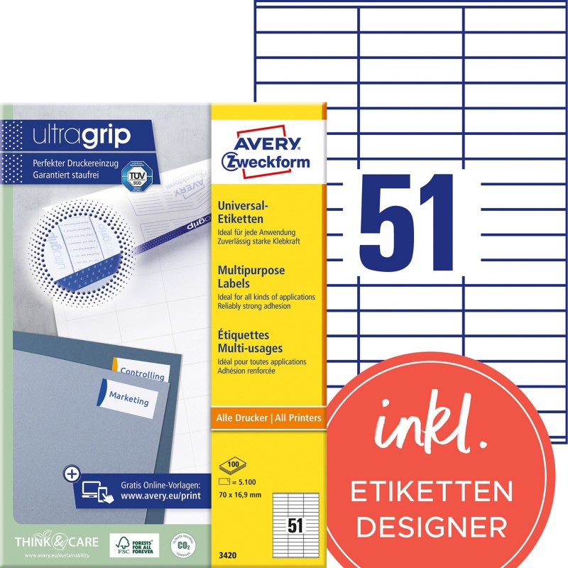 Thumbnail - AVERY Zweckform ultragrip Universaletiketten 3420 Selbsthaftend DIN A4 Weiß 70 x 16,9 mm 100 Blatt à 51 Etiketten