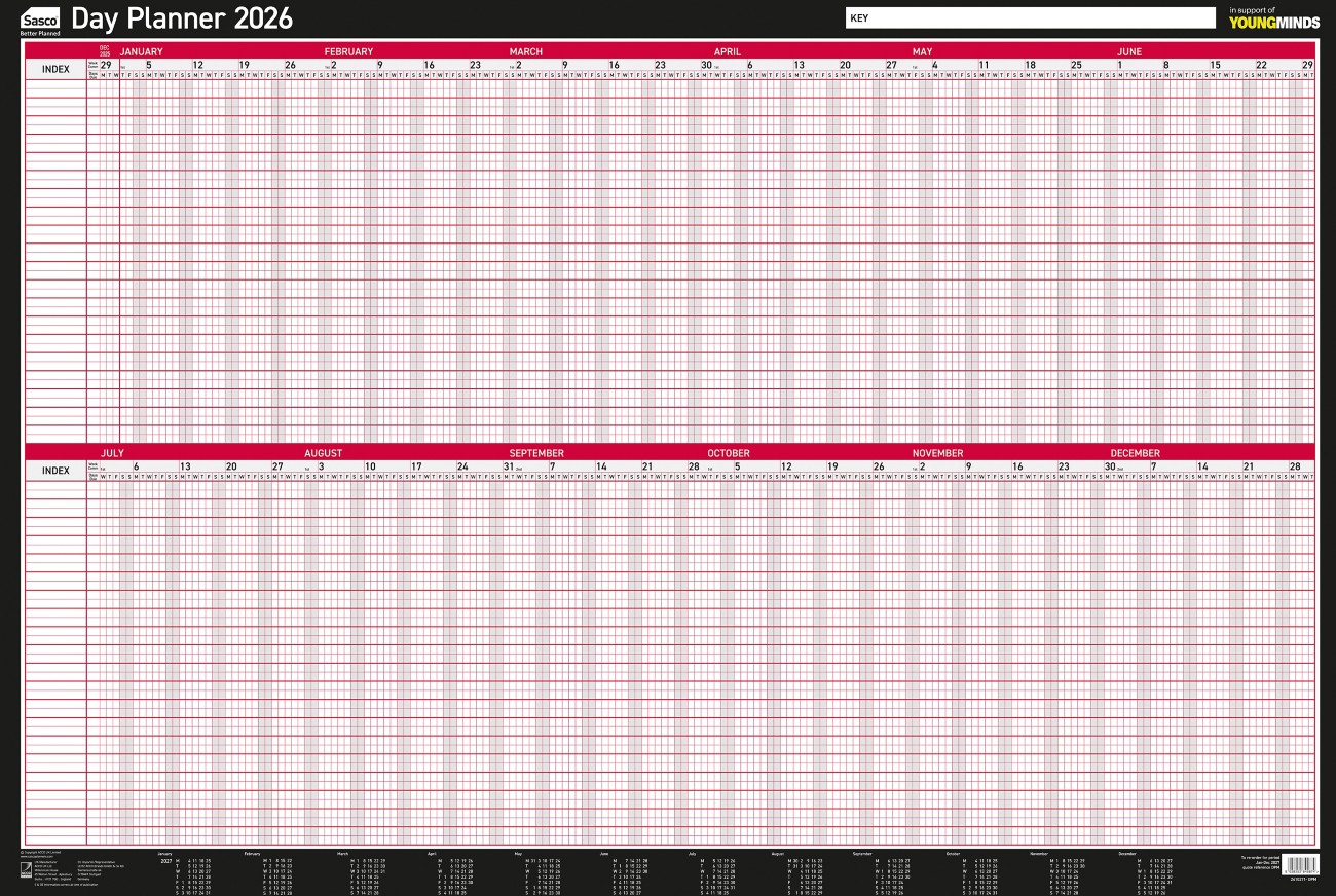 Sasco Mounted Wall Planner 2027 English 91.5 (W) X 61 (H) Cm Black, Red