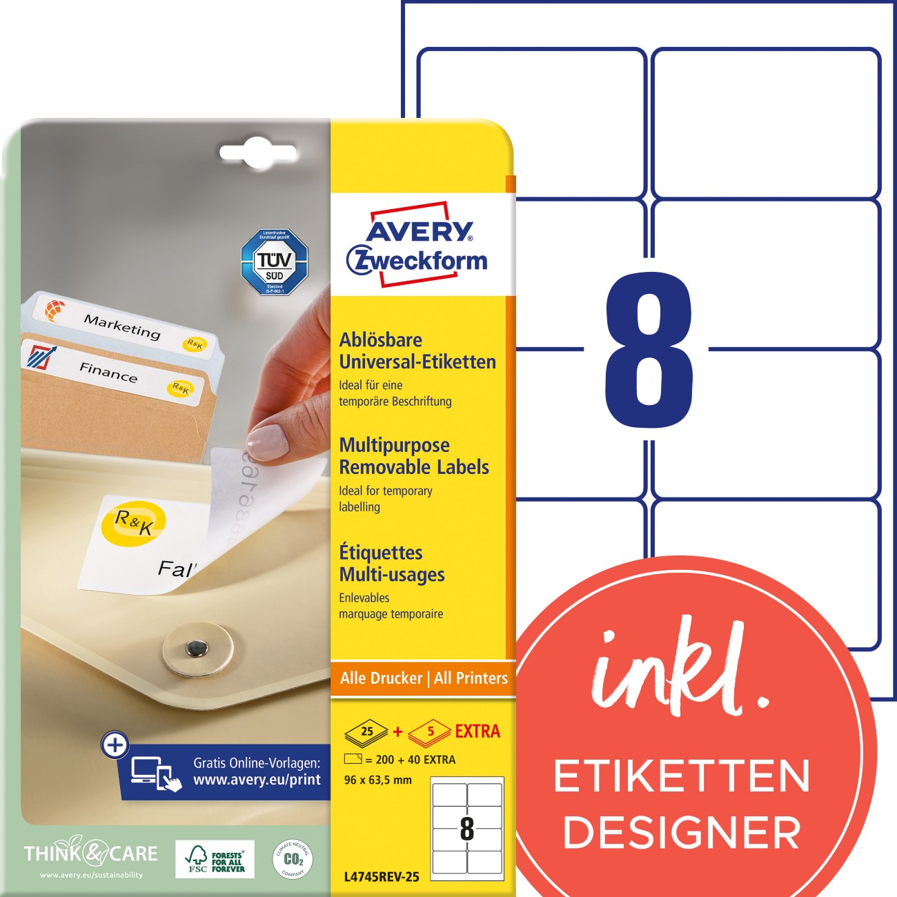 AVERY Zweckform Wiederablösbare Etiketten L4745REV-25 Weiß DIN A4 96 x 63,5 mm 30 Blatt à 8 Etiketten