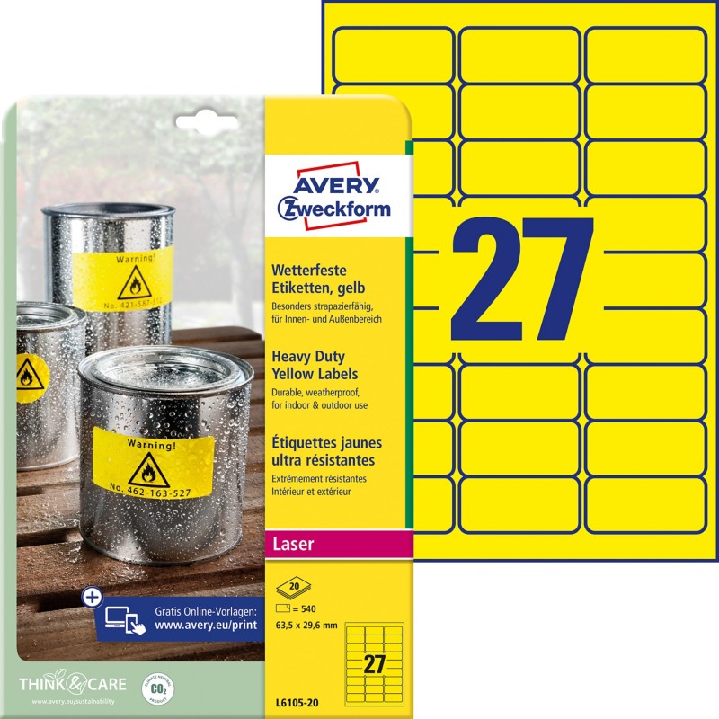 AVERY Zweckform L6105-20 Wetterfeste Etiketten DIN A4 Gelb 63,5 x 29,6 mm 20 Blatt à 27 Etiketten