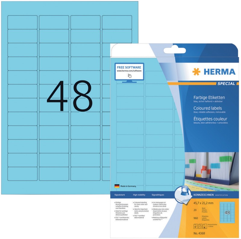 Thumbnail - HERMA Etiketten 4368 haftend DIN A4 Blau 45,7 x 21,2 mm 20 Blatt à 48 Etiketten