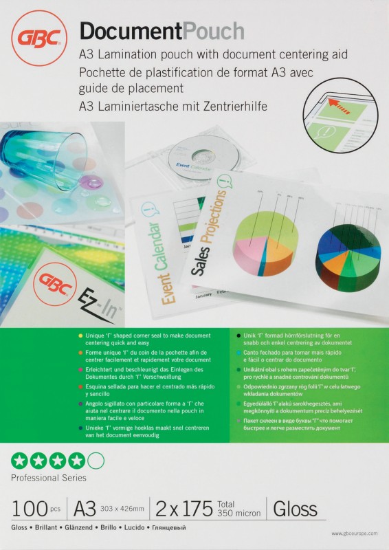 GBC Document Laminierfolien DIN A3 Glänzend 175 Mikron (2 x 175) Transparent 100 Stück