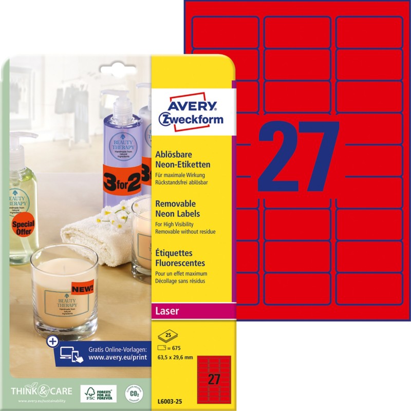 Thumbnail - AVERY Zweckform L6003-25 Etiketten DIN A4 Neonrot 63,5 x 29,6 mm 25 Blatt à 27 Etiketten