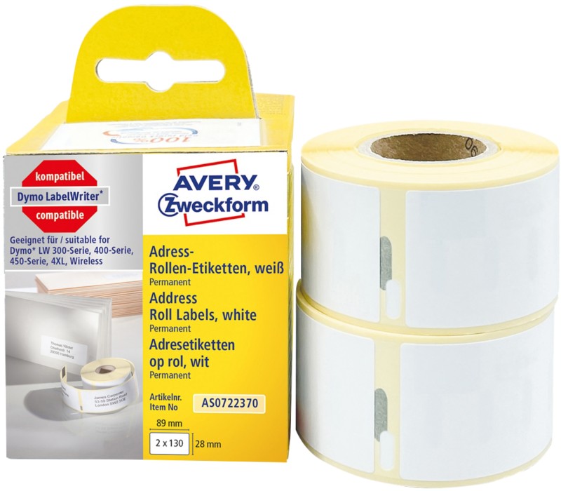 AVERY Zweckform Adressetiketten AS0722370 Selbsthaftend Weiß 28 x 89 mm al 2 Rolle à 130 Etiketten