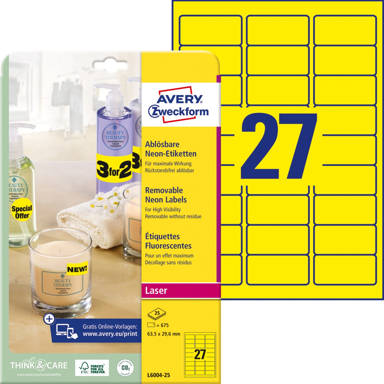 AVERY Zweckform L6004-25 Etiketten DIN A4 Neongelb 63,5 x 29,6 mm 25 Blatt à 27 Etiketten