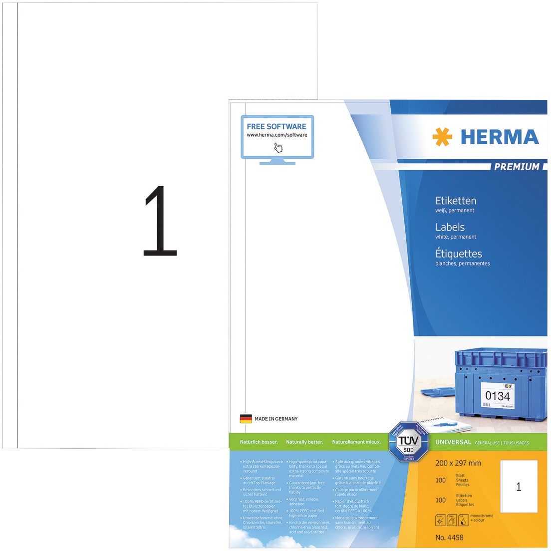 HERMA Universaletiketten 4458 Weiß DIN A4 200 x 297 mm 100 Blatt à 1 Etiketten 3752631
