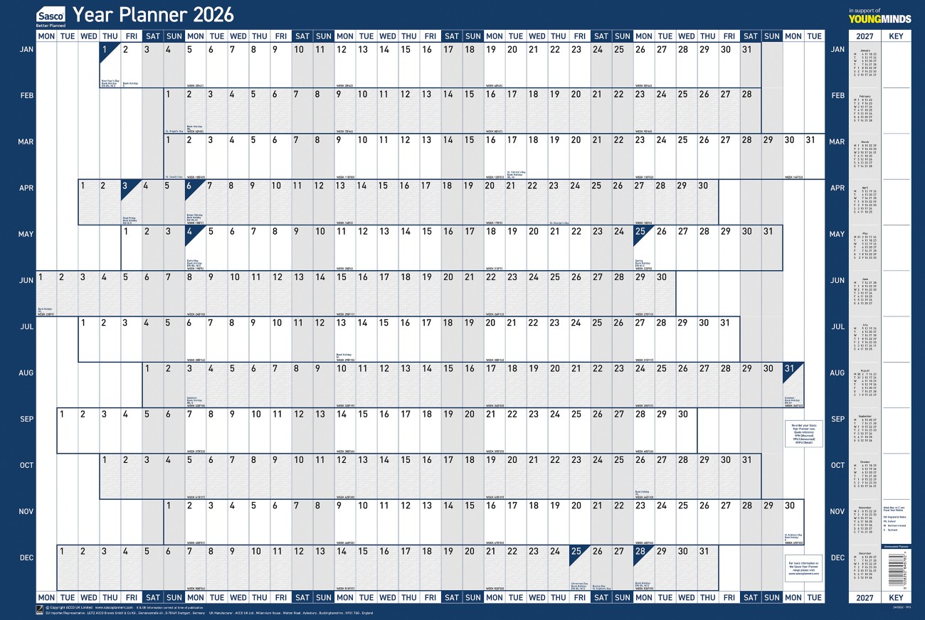 Sasco Year Planner 2027 English 91.5 (W) X 61 (H) Cm Blue