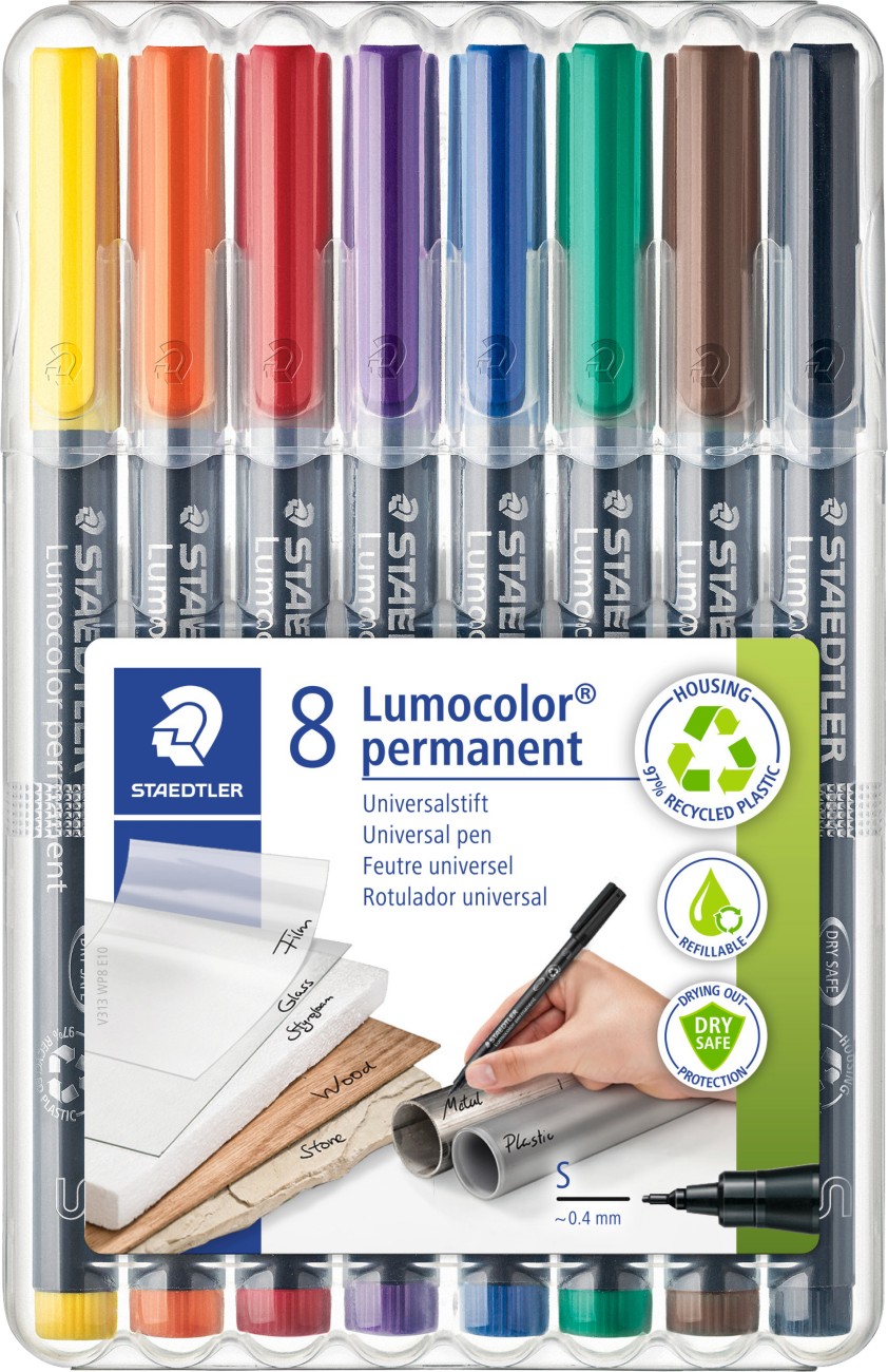Thumbnail - STAEDTLER Lumocolor 313 Marker 97% Recycelt Extra Fein Rundspitze 0.4 mm Farbig sortiert Nachfüllbar 8 Stück