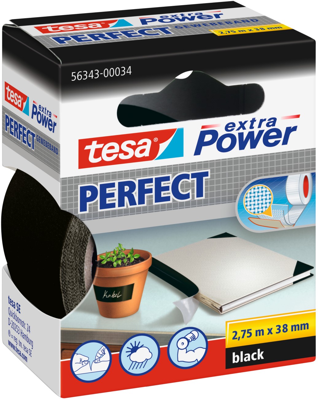 tesa Gewebeband extra Power Perfect Schwarz 38 mm (B) x 2,75 m (L) Kunststoff, Zellwollgewebe 5021-SZ