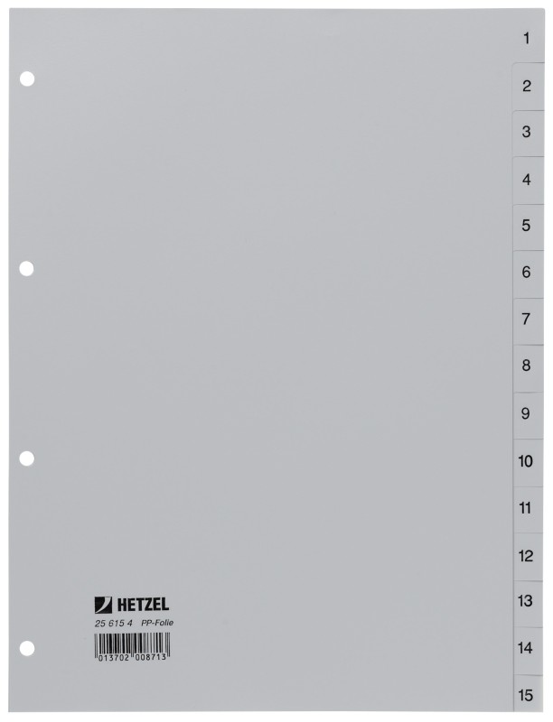 Hetzel Register 25615481 DIN A4 Grau 15-teilig 4-fach Kunststoff 1 bis 15