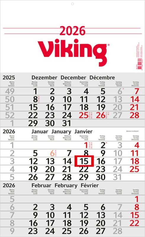 Viking Kalender 2026 3 Monate / 1 Seite Deutsch<multisep/>Englisch<multisep/>Französisch 30 (B) x 49 (H) cm Hellgrau