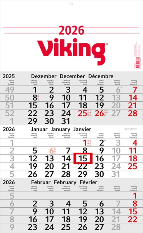 Viking Kalender 2025 3 Monate / 1 Seite Deutsch<multisep/>Englisch<multisep/>Französisch 30 (B) x 49 (H) cm Hellgrau