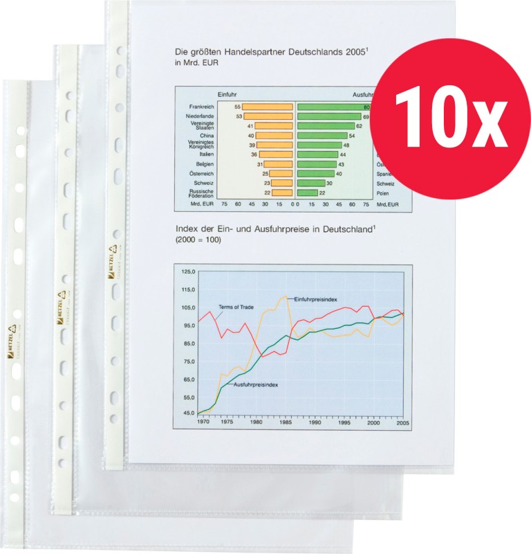 Thumbnail - Hetzel Top Quality Prospekthüllen DIN A4 Glasklar Transparent 110 Mikron PP (Polypropylen) Oben 11 Löcher 10 Stück