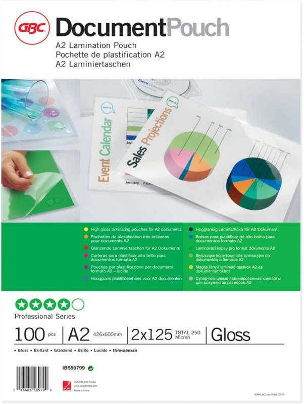 GBC Document Laminierfolien DIN A2 Glänzend 125 Mikron (2 x 125) Transparent 100 Stück