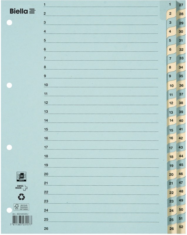 Biella 1 bis 52 Zahlenregister DIN A4 Blau, Gelb 52-teilig 4 Löcher 0462445.00 52 Blatt