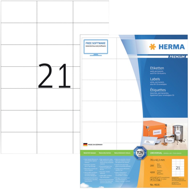 Thumbnail - HERMA Universaletiketten 4616 Weiß DIN A4 70 x 42,3 mm 200 Blatt à 21 Etiketten