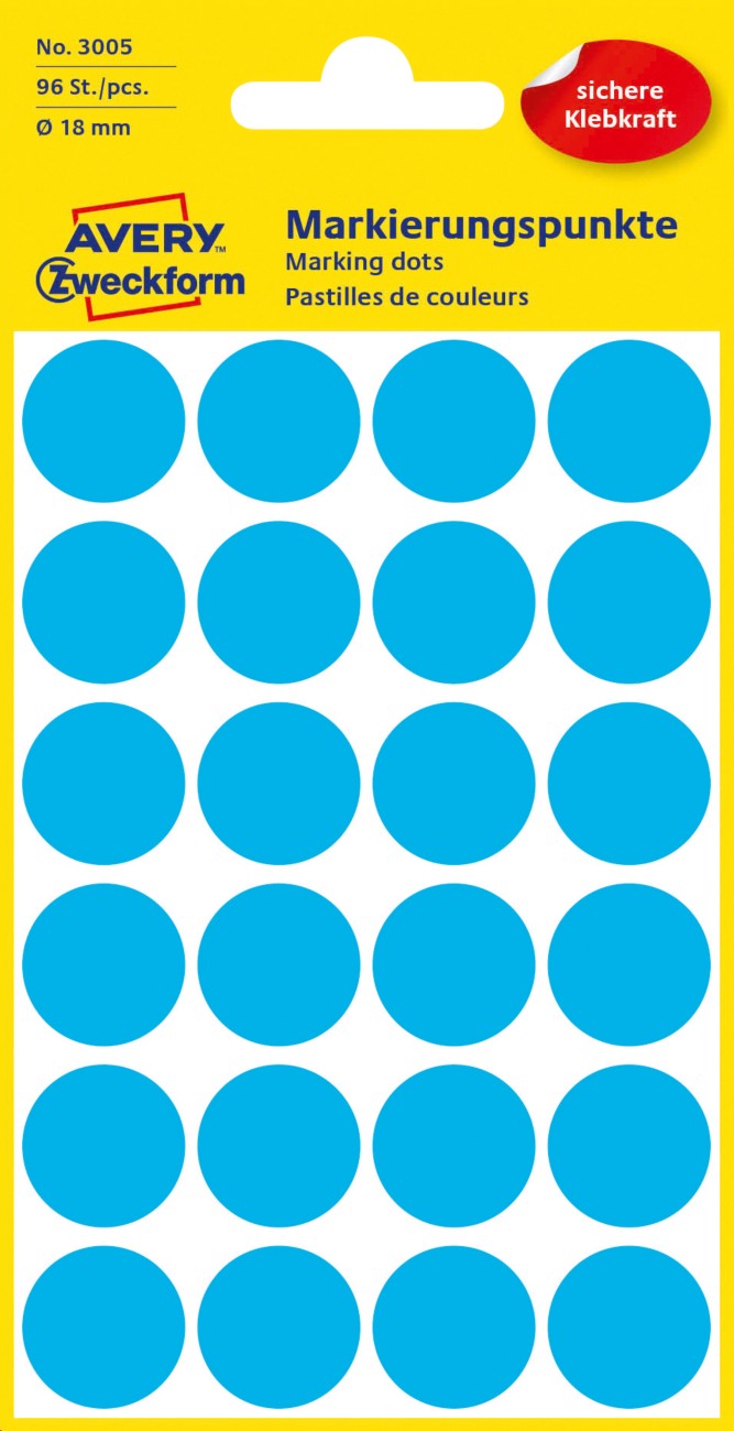 AVERY Zweckform Markierungspunkte 3005 Haftend Blau 18 mm 4 Blatt à 24 Etiketten Z3005