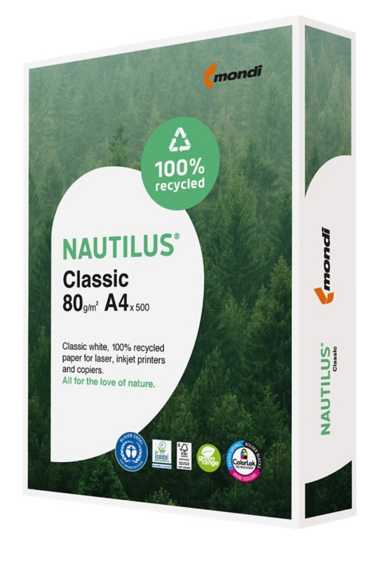 Nautilus Classic DIN A4 Druckerpapier Recycelt 100%, EU Eco label 80 g/m² Milchglas Weiß 500 Blatt