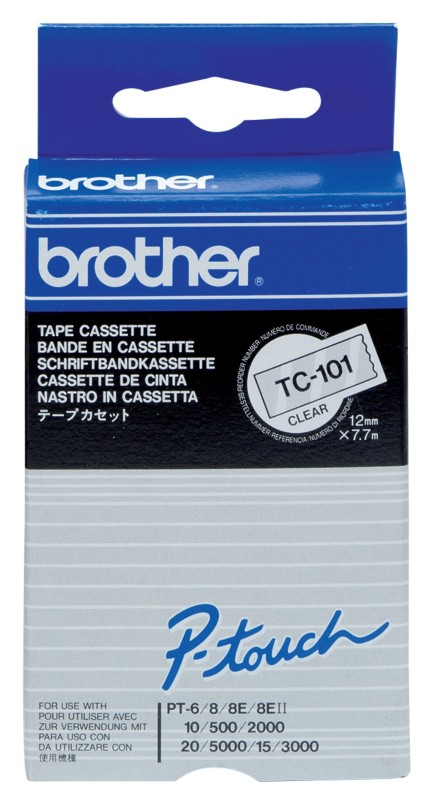 Thumbnail - Brother TC-101 Authentic Schriftband Selbstklebend Schwarzer Druck auf Transparent 12 mm x 7.7m