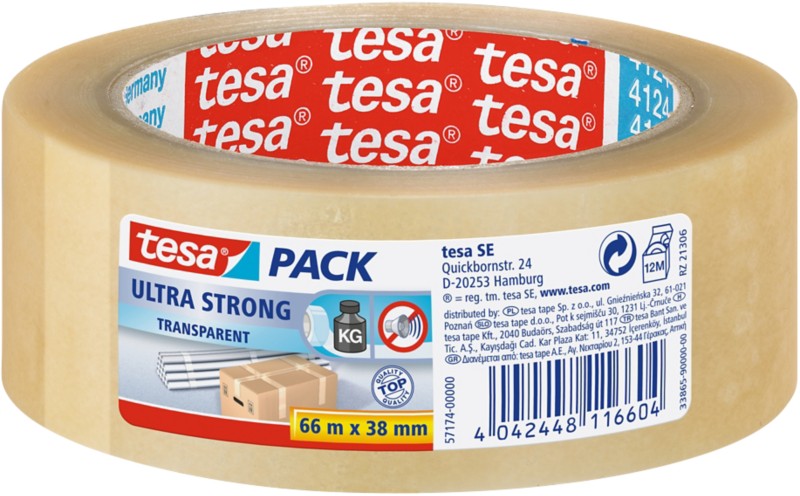 tesa Verpackungsklebeband tesapack Ultra Strong Transparent 38 mm (B) x 66 m (L) PVC (Polyvinylchlorid) 4124