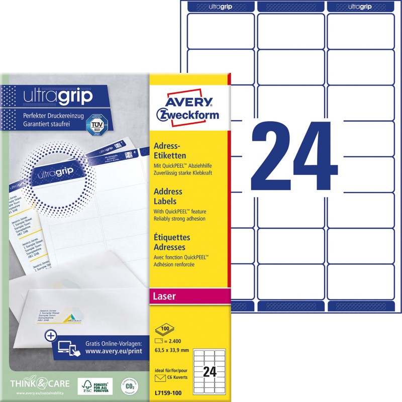 AVERY Zweckform Abziehhilfe QuickPEEL,ultragrip Adressetiketten L7159-100 Selbsthaftend DIN A4 Weiß 63,5 x 33,9 mm 100 B...