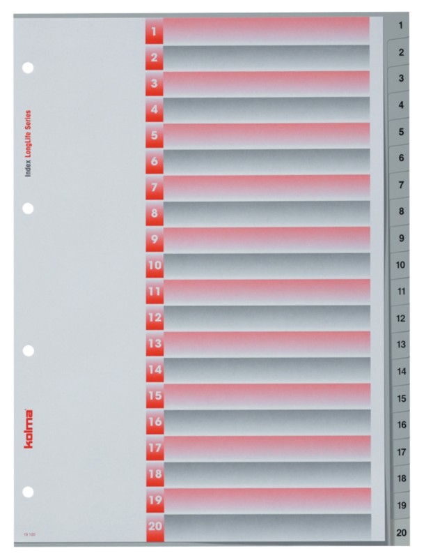 Kolma Register DIN A4 hoch Grau, Rot 20-teilig Perforiert Kunststoff 1 bis 20 20 Blatt