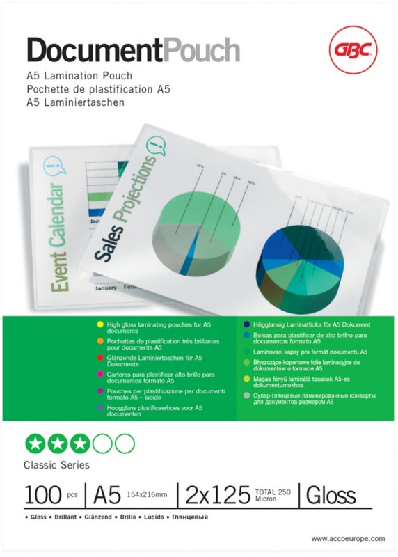 GBC Document Laminierfolien DIN A5 Glänzend 125 Mikron (2 x 125) Transparent 100 Stück
